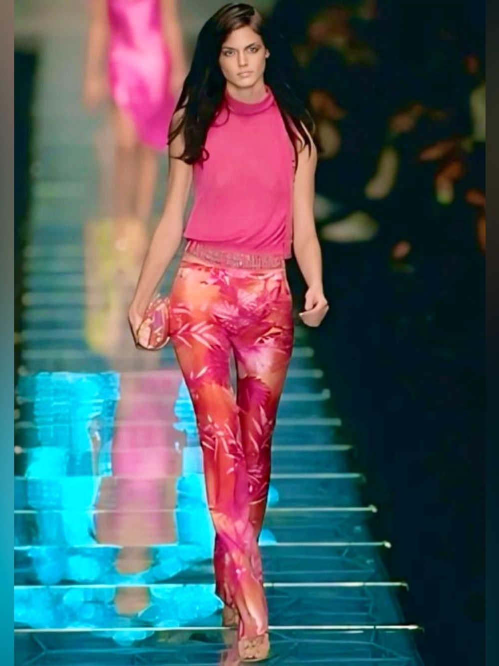Vintage GIANNI VERSACE S/S 2000 Silk Palm Print Straight Leg Pants in Pink